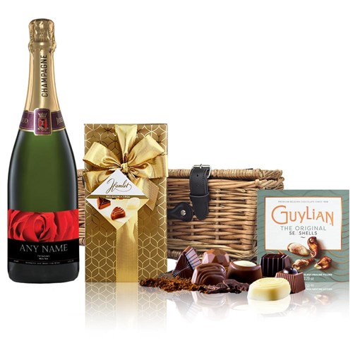 Personalised Champagne - Red Rose Label And Chocolates Hamper
